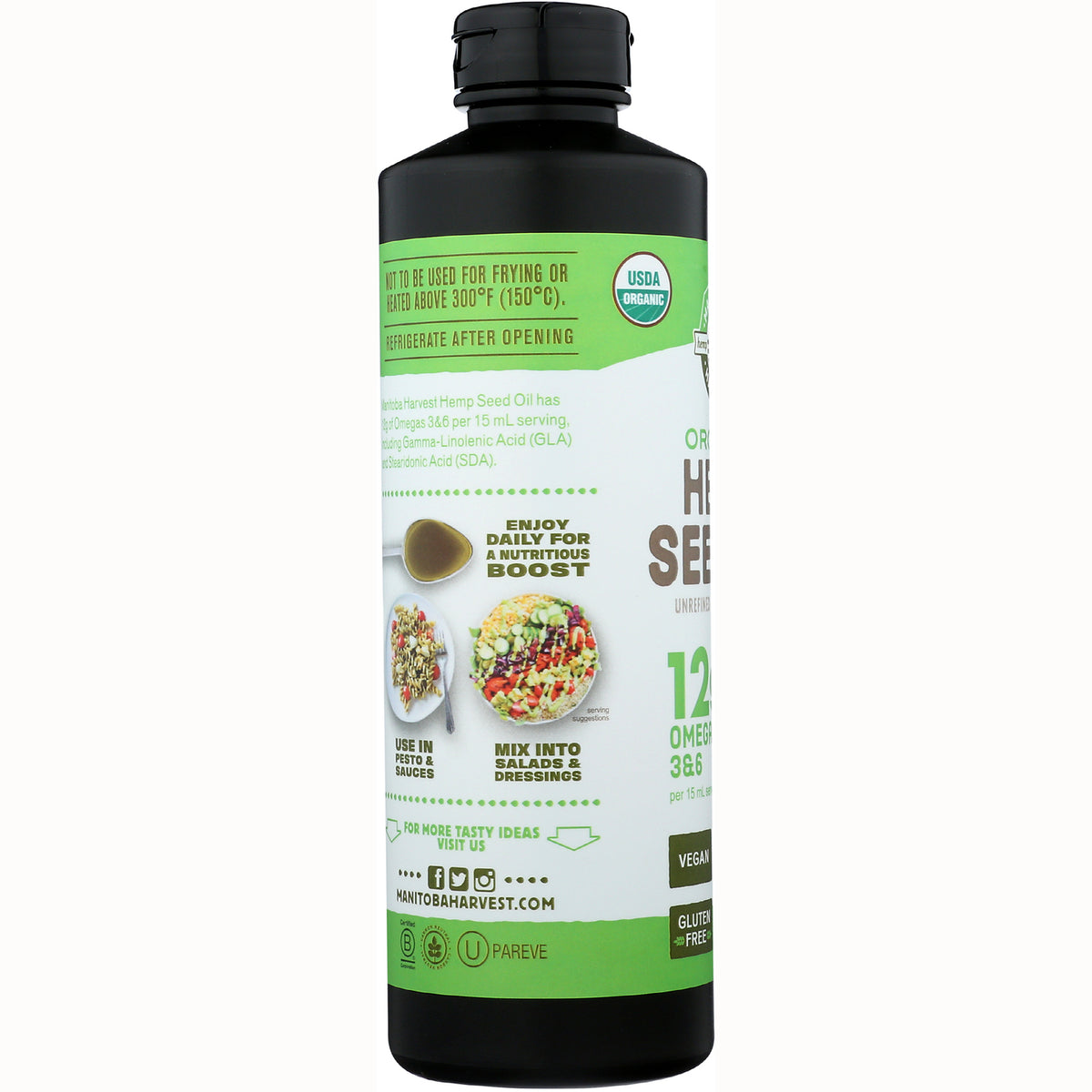 MAN009 | side label infographic on hemp seed oil bottle showing usage suggestions and serving images