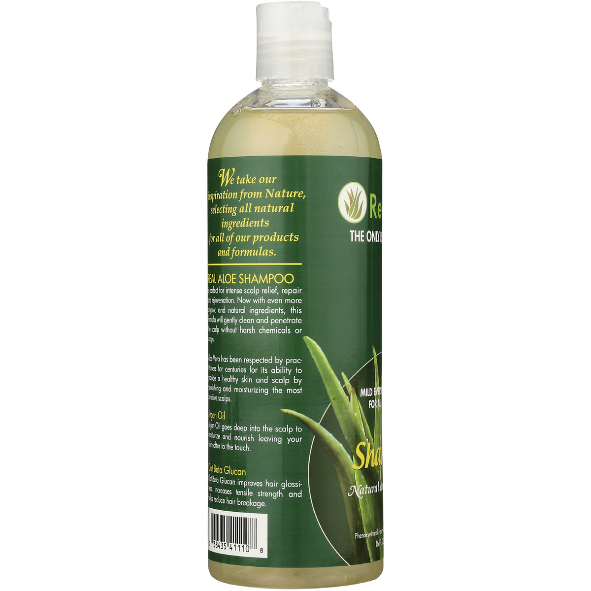 RA011 | Back of green aloe shampoo bottle showing ingredients text, logo and barcode