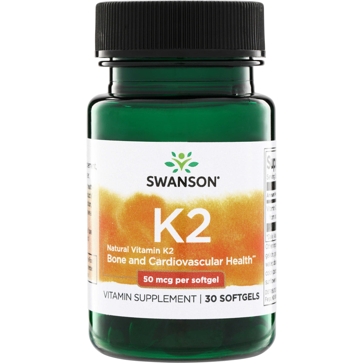 SWU671 | Swanson K2 supplement bottle, 50 mcg per softgel, 30 softgels, supports bone and cardiovascular health
