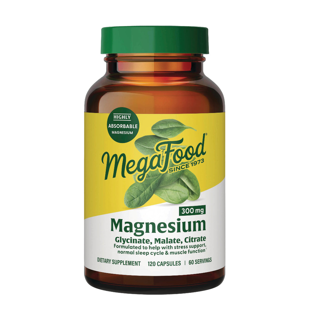 MGF133 | Amber bottle of MegaFood Magnesium 300 mg dietary supplement with yellow label and green cap