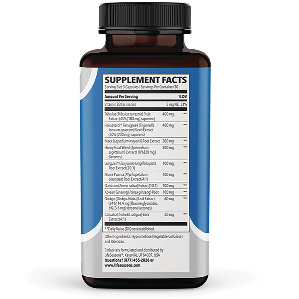 LSS004 | back of brown supplement bottle showing Supplement Facts panel and ingredient list