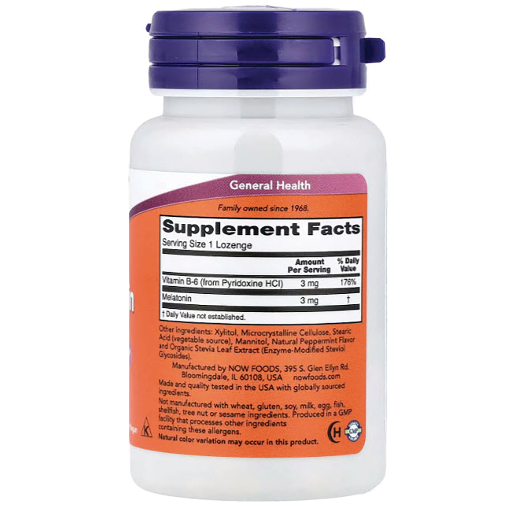 NWF557 | back label showing Supplement Facts panel listing serving size 1 lozenge, vitamin B-6 3 mg and melatonin 3 mg - Thumbnail