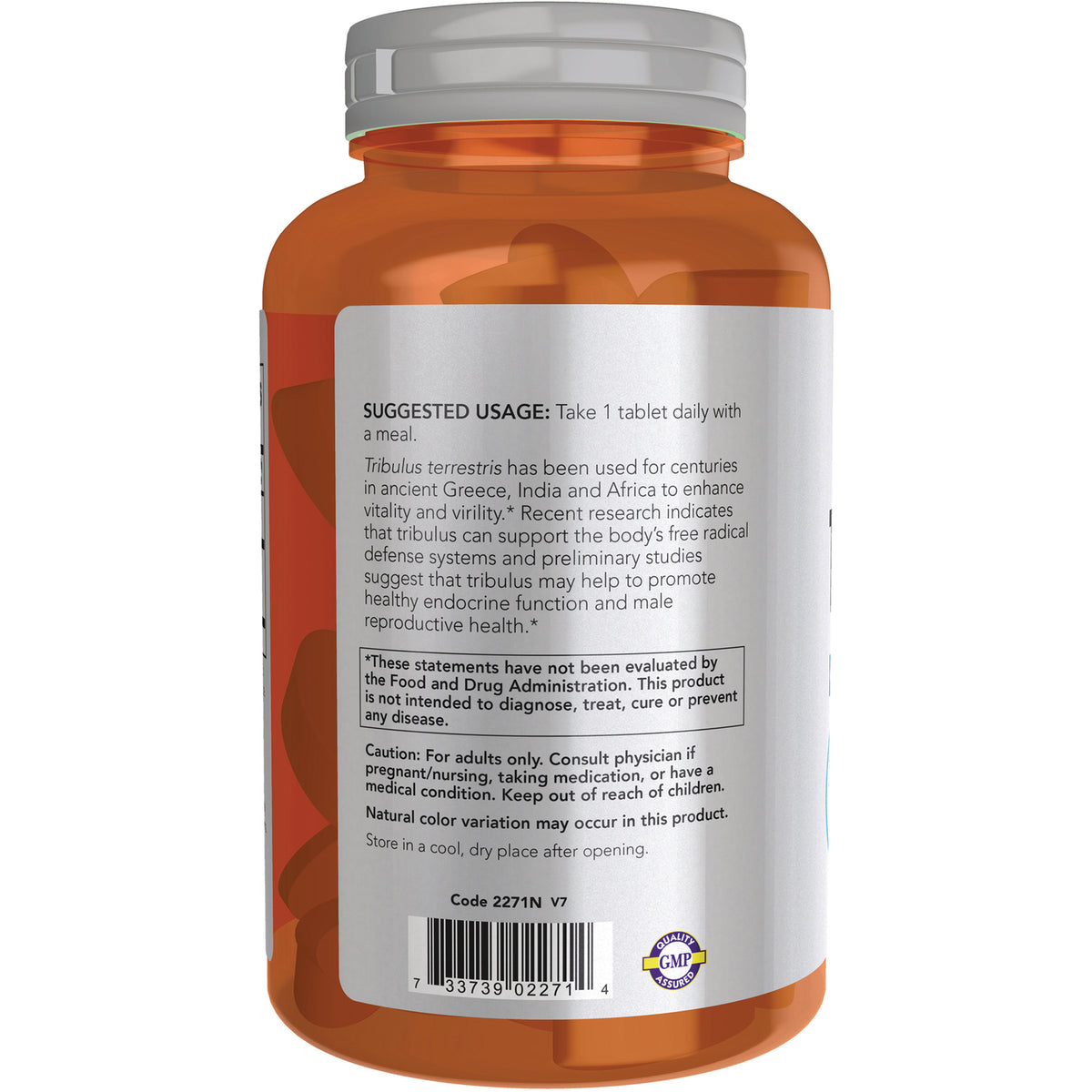 NWF852 | Back label showing suggested usage, caution text, barcode, and GMP seal on amber supplement bottle
