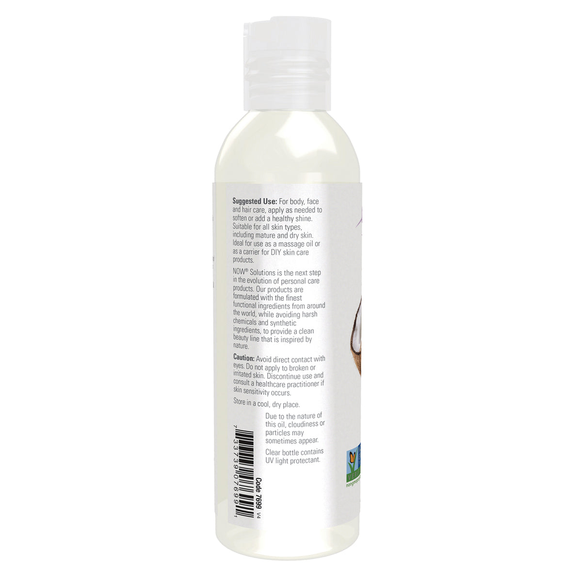 NWF1408 | Back label of clear plastic bottle showing suggested use and caution text, small coconut graphic and barcode