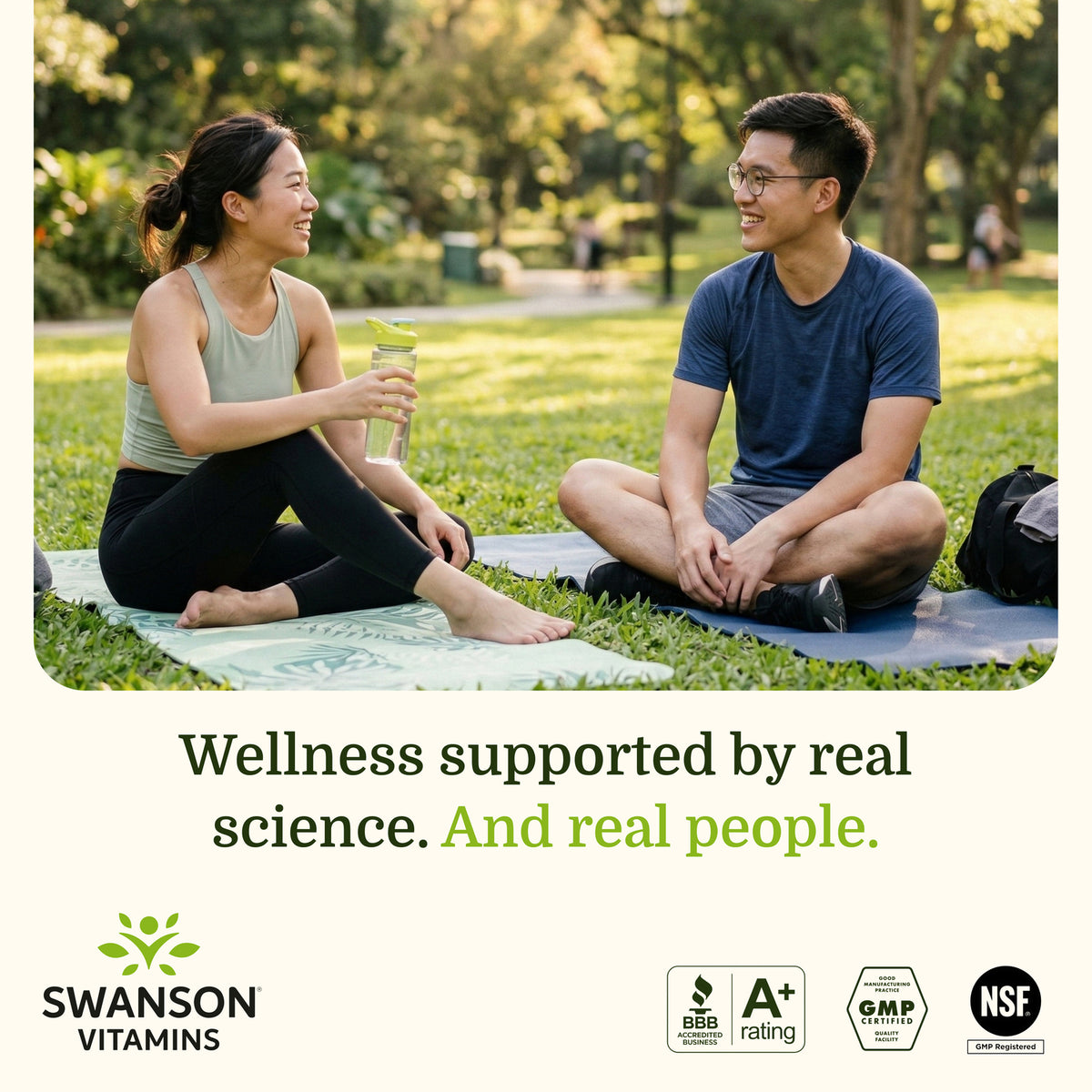 SWU375 | SW375 | Two people sit on yoga mats in a park beside Swanson Vitamins branding and trust badges
