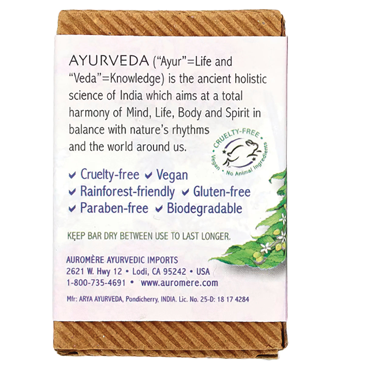 AUR004 | Back of soap box showing Ayurveda description, cruelty-free and vegan claims, product and contact details