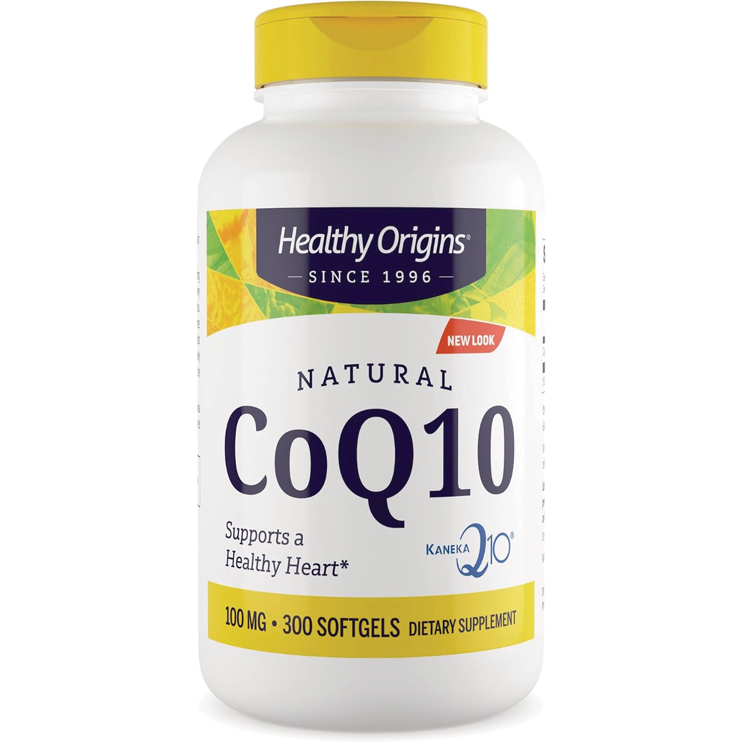 HRG180 | Healthy Origins Natural CoQ10 100 mg 300 softgels bottle with yellow cap labeled Supports a Healthy Heart