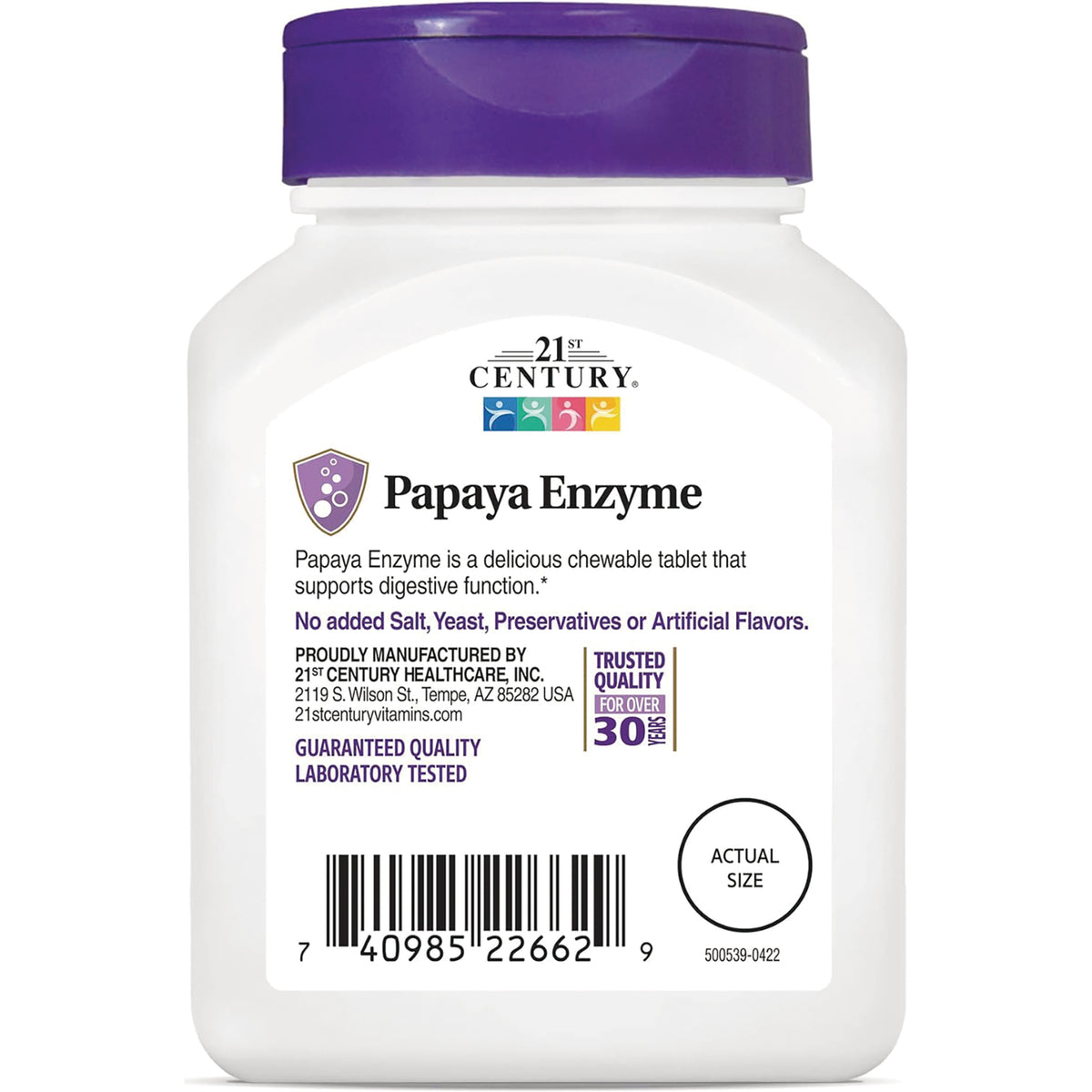 CNT132 | product infographic label on white bottle for Papaya Enzyme chewable tablets showing barcode, manufacturer info, and actual size circle