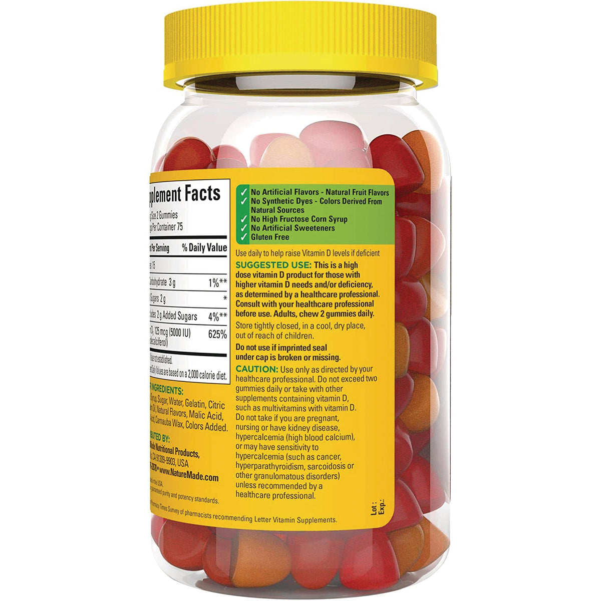 NTM127 | back of clear bottle of red and orange gummy vitamins showing supplement facts, directions and ingredients label