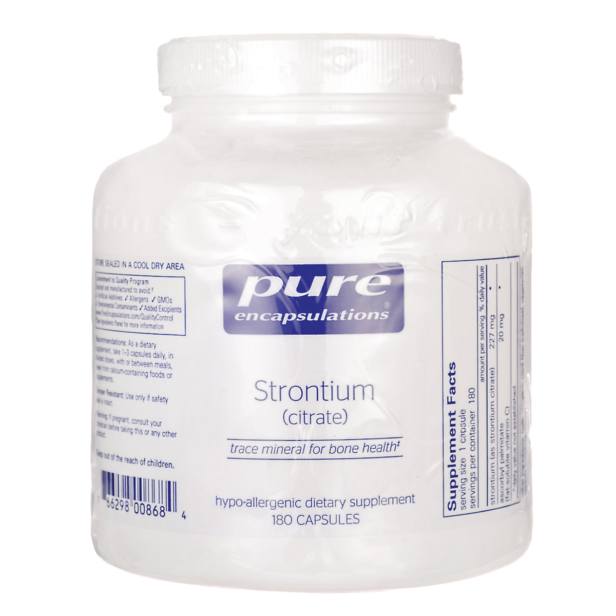 PRN108 | Pure Encapsulations Strontium (citrate) white supplement jar 180 capsules front label visible