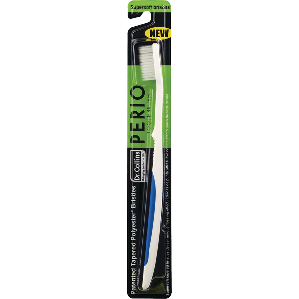 CHD001 | Perio toothbrush in blister pack with white and blue handle, green packaging labeled PERIO and Dr Collins