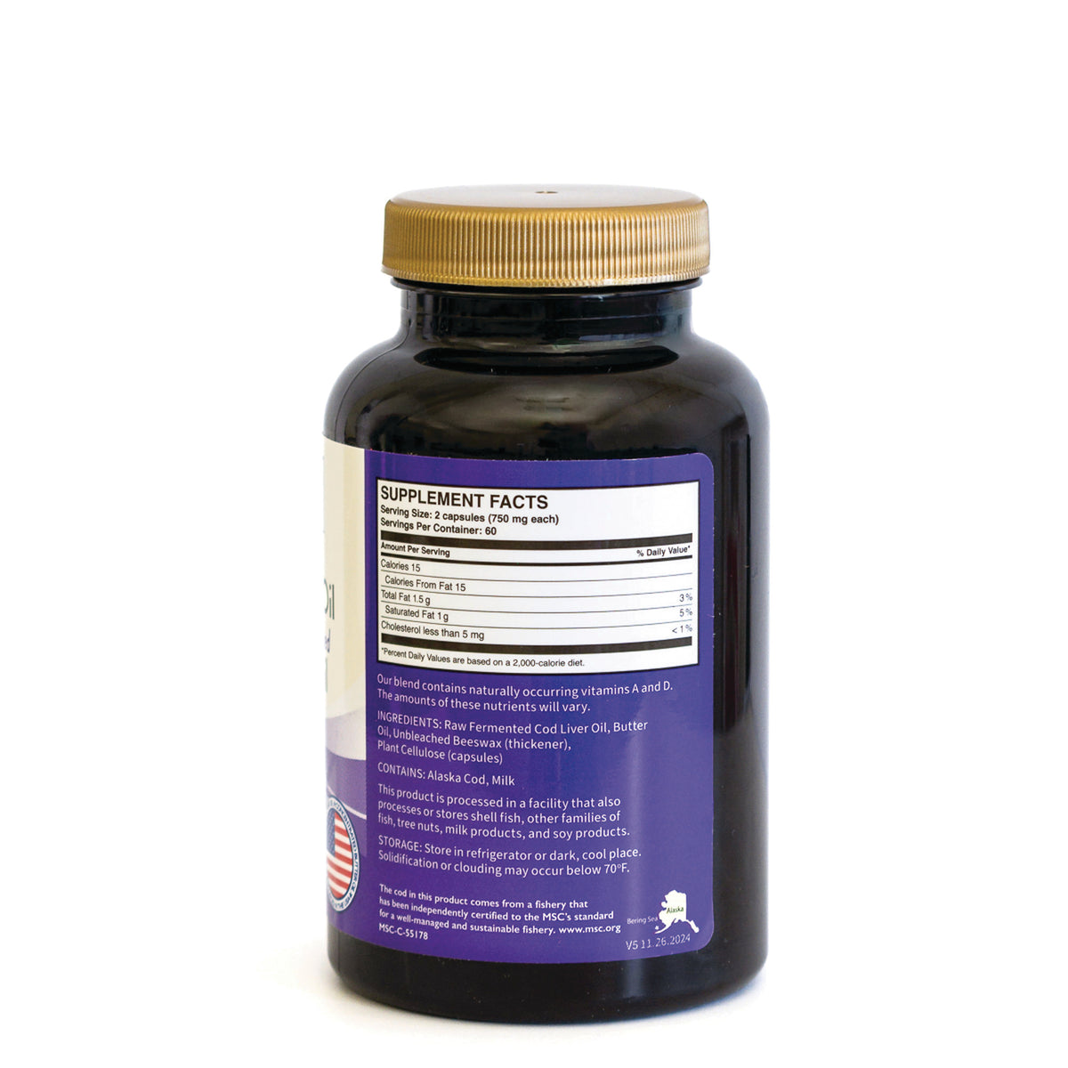 GRP015 | Back of dark supplement bottle with gold cap showing Supplement Facts and ingredients on purple label