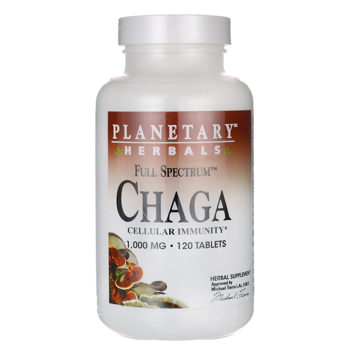 PF240 | Planetary Herbals Full Spectrum Chaga supplement bottle, 1,000 mg, 120 tablets front label