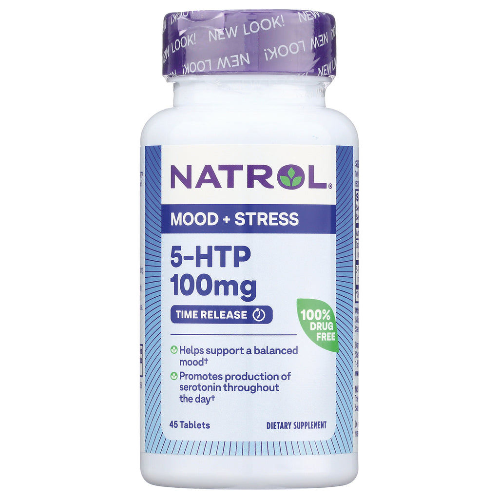 NA385 | Front view of Natrol Mood + Stress 5-HTP 100mg time release bottle, 45 tablets - Thumbnail