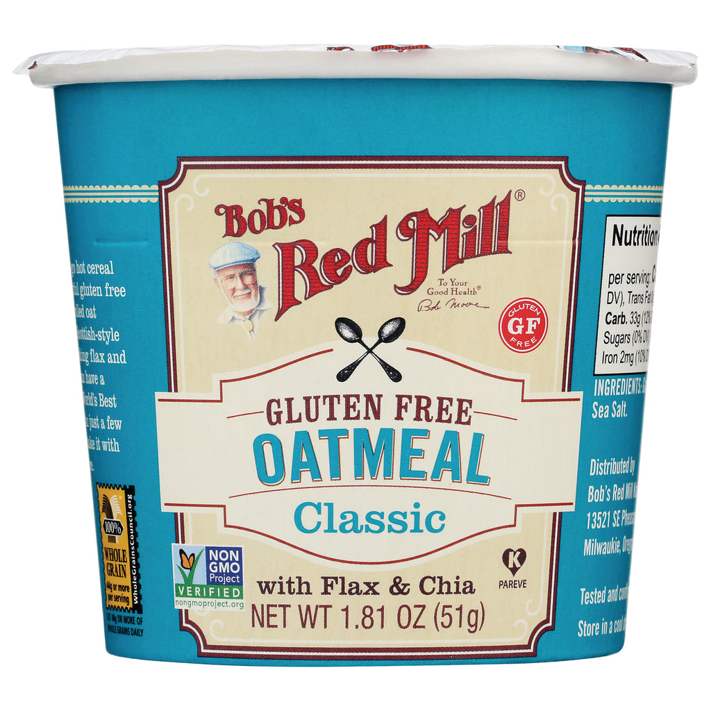 BOB226 | Bob's Red Mill Gluten Free Oatmeal Classic cup with flax & chia, 1.81 oz front packaging - Thumbnail