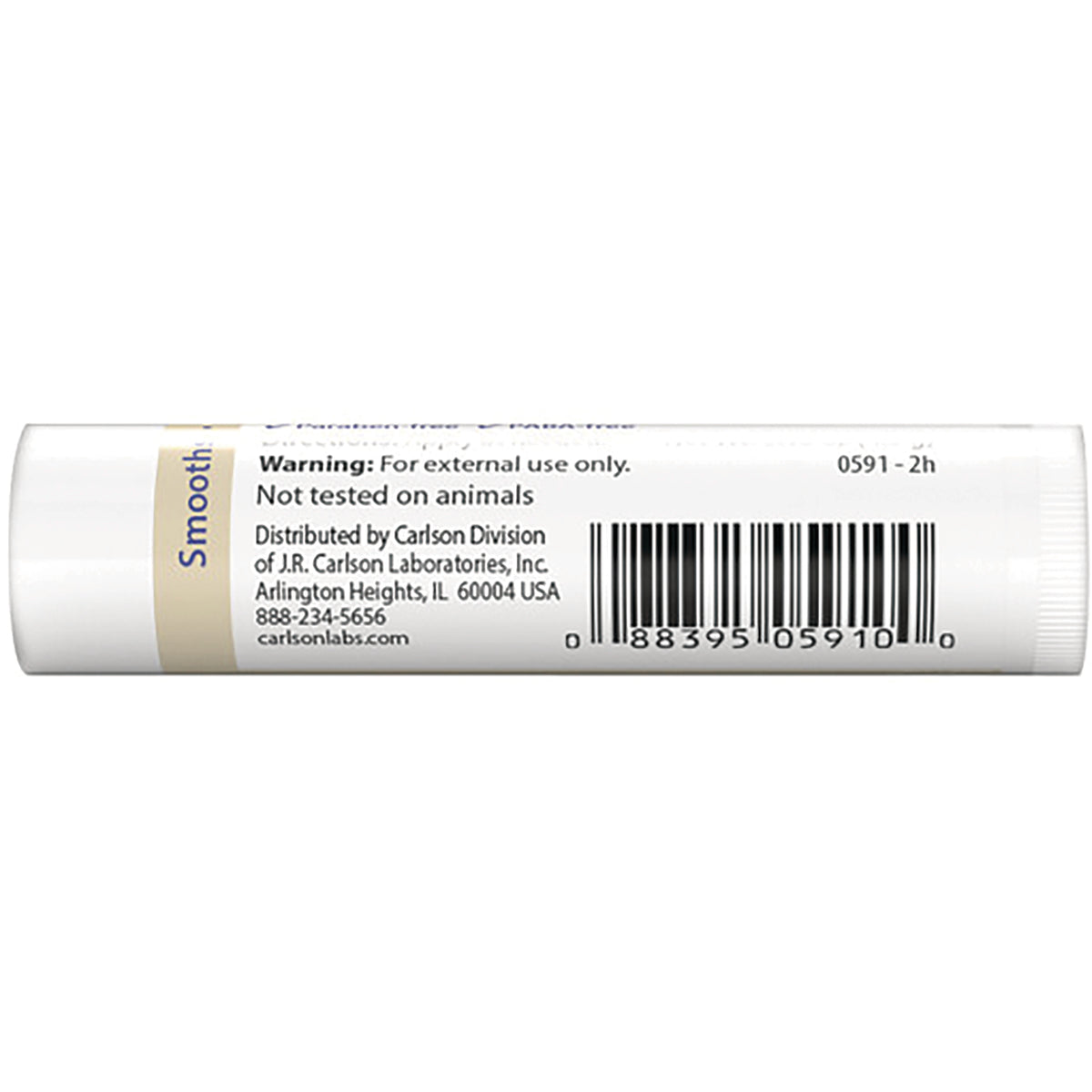 CSN240 | Back of lip balm tube showing warning For external use only, Not tested on animals, barcode and distributor info