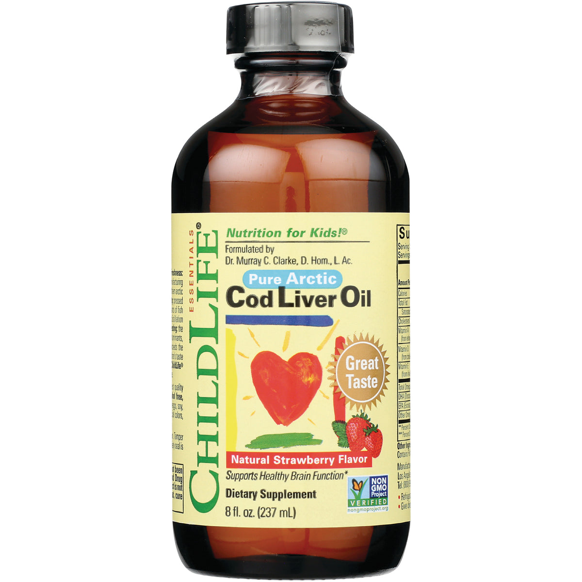 CHL003 | Amber bottle of ChildLife Pure Arctic Cod Liver Oil natural strawberry flavor, front label with heart graphic