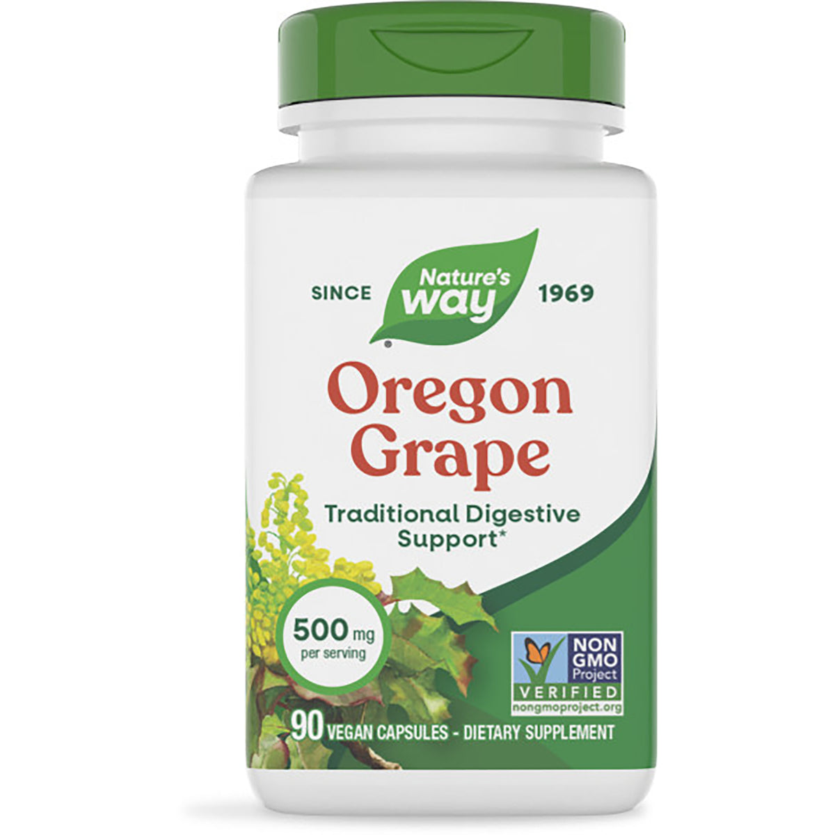 NW794 | Nature's Way Oregon Grape dietary supplement bottle, 500 mg, 90 vegan capsules, Non-GMO Verified