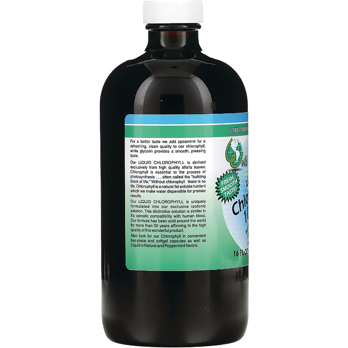 WOG009 | Back of liquid chlorophyll bottle, green label with product description and 16 fl oz text
