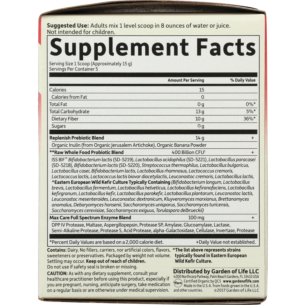 GLF155 | Supplement Facts panel showing serving size, calories, Replenish Prebiotic Blend, Raw Whole Food Probiotic Blend and enzyme blend on back