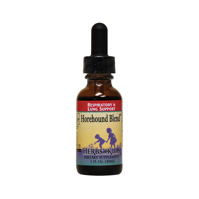HFK004 | Brown glass dropper bottle labeled Horehound Blend Herbs for Kids respiratory & lung support dietary supplement 1 fl oz
