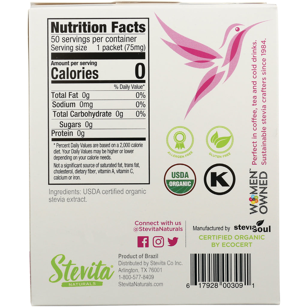 STV017 | Back of Stevita Naturals stevia box with Nutrition Facts, USDA Organic, allergen free, gluten free, and barcode - Thumbnail