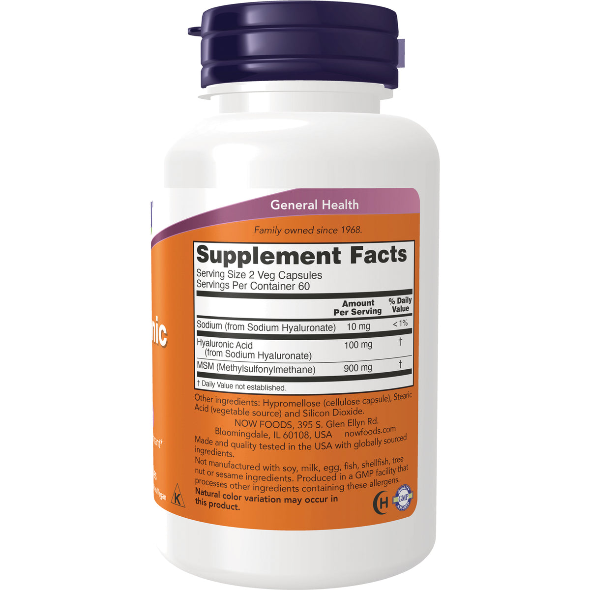 NWF316 | Back label showing Supplement Facts, serving size 2 veg capsules, ingredients Hyaluronic Acid and MSM