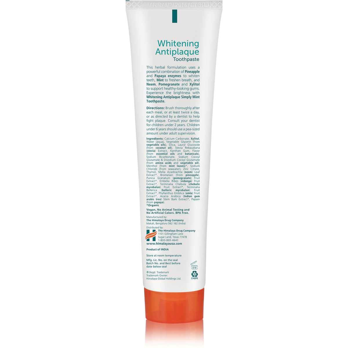 HHH056 | Whitening Antiplaque Toothpaste tube back showing ingredients, directions, and manufacturer information