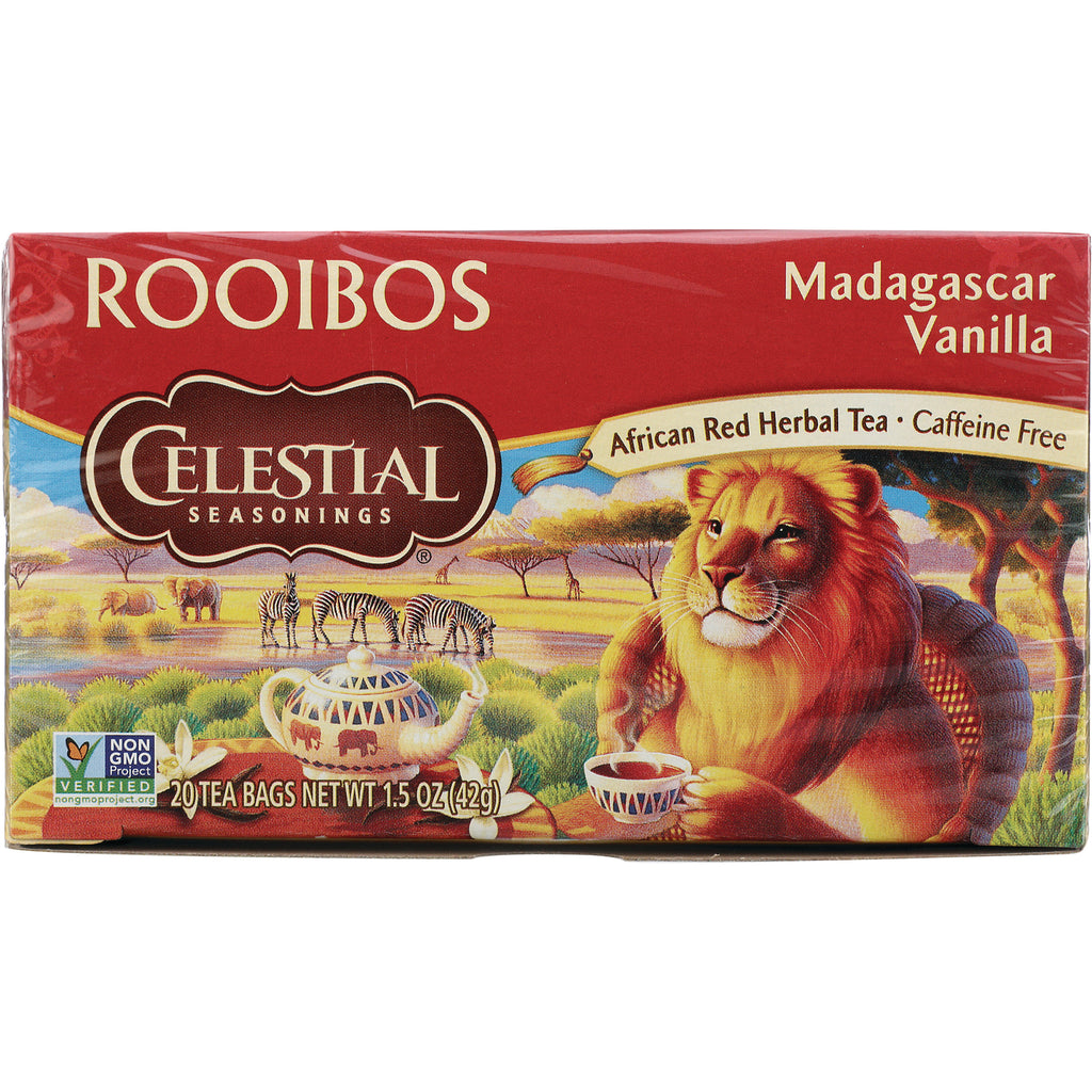 CEL005 | Celestial Seasonings Rooibos Madagascar Vanilla tea box with lion illustration, 20 tea bags, caffeine free - Thumbnail