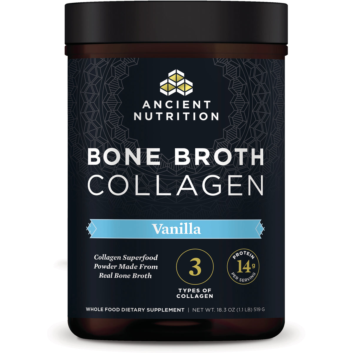 ATN010 | Ancient Nutrition Bone Broth Collagen vanilla powder jar, front label