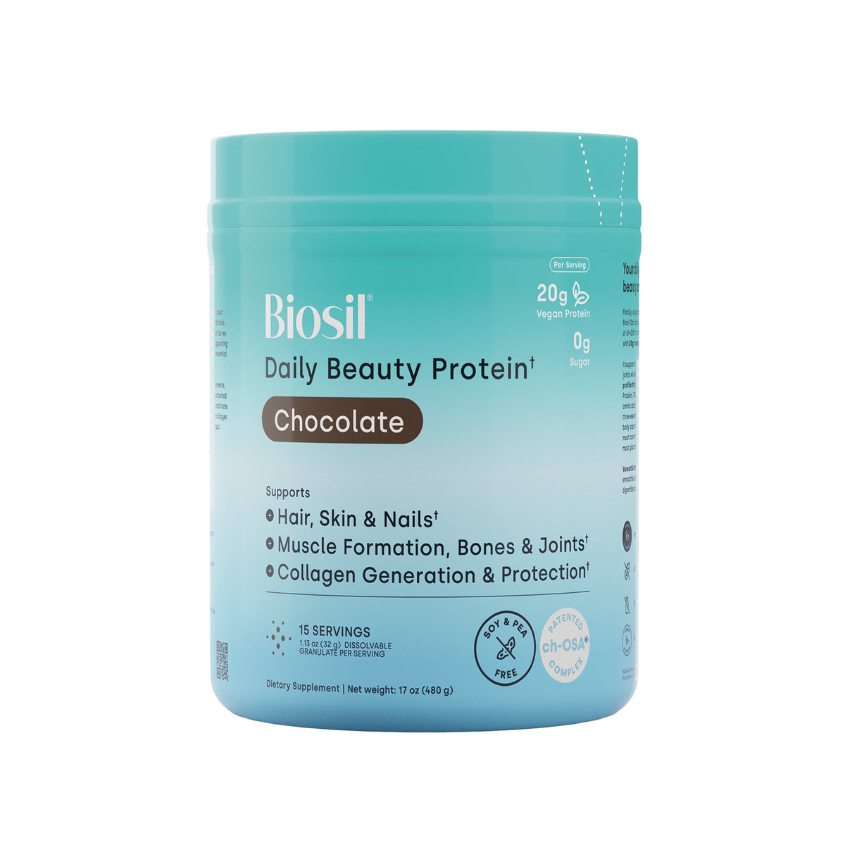 NFC221 | Biosil Daily Beauty Protein Chocolate powder tub with 20g vegan protein and 0g sugar