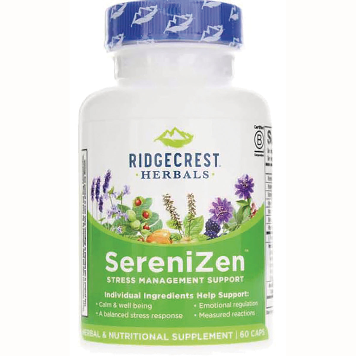 PH053 | Ridgecrest Herbals SereniZen supplement bottle with green label reading SereniZen stress management support, 60 caps