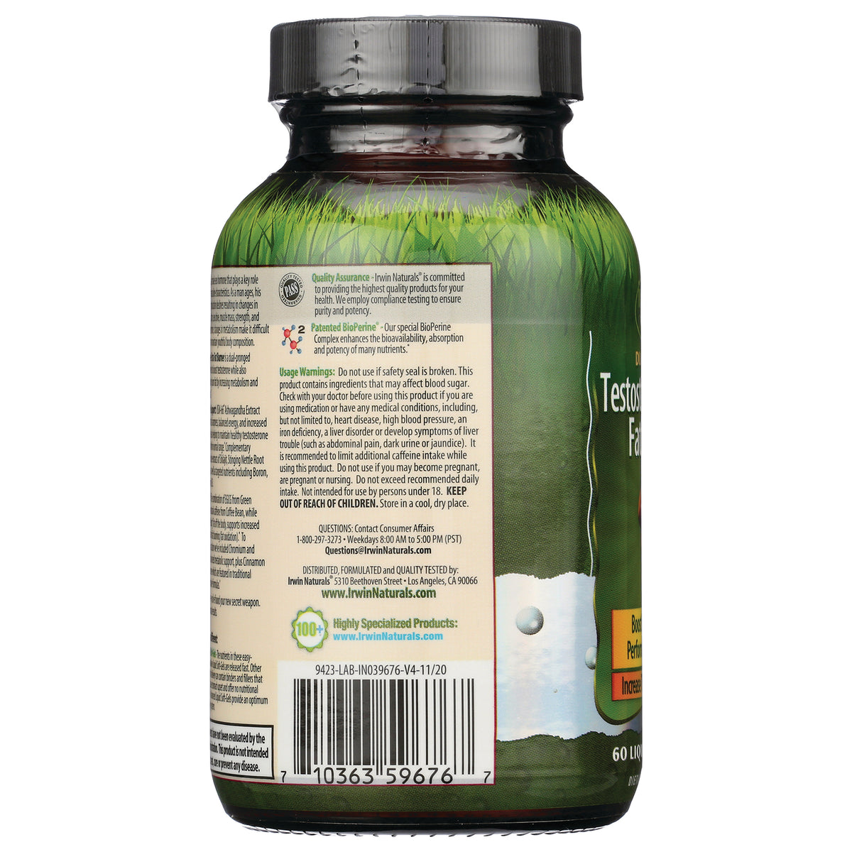 IR158 | back label of green supplement bottle showing warnings, quality assurance text and barcode