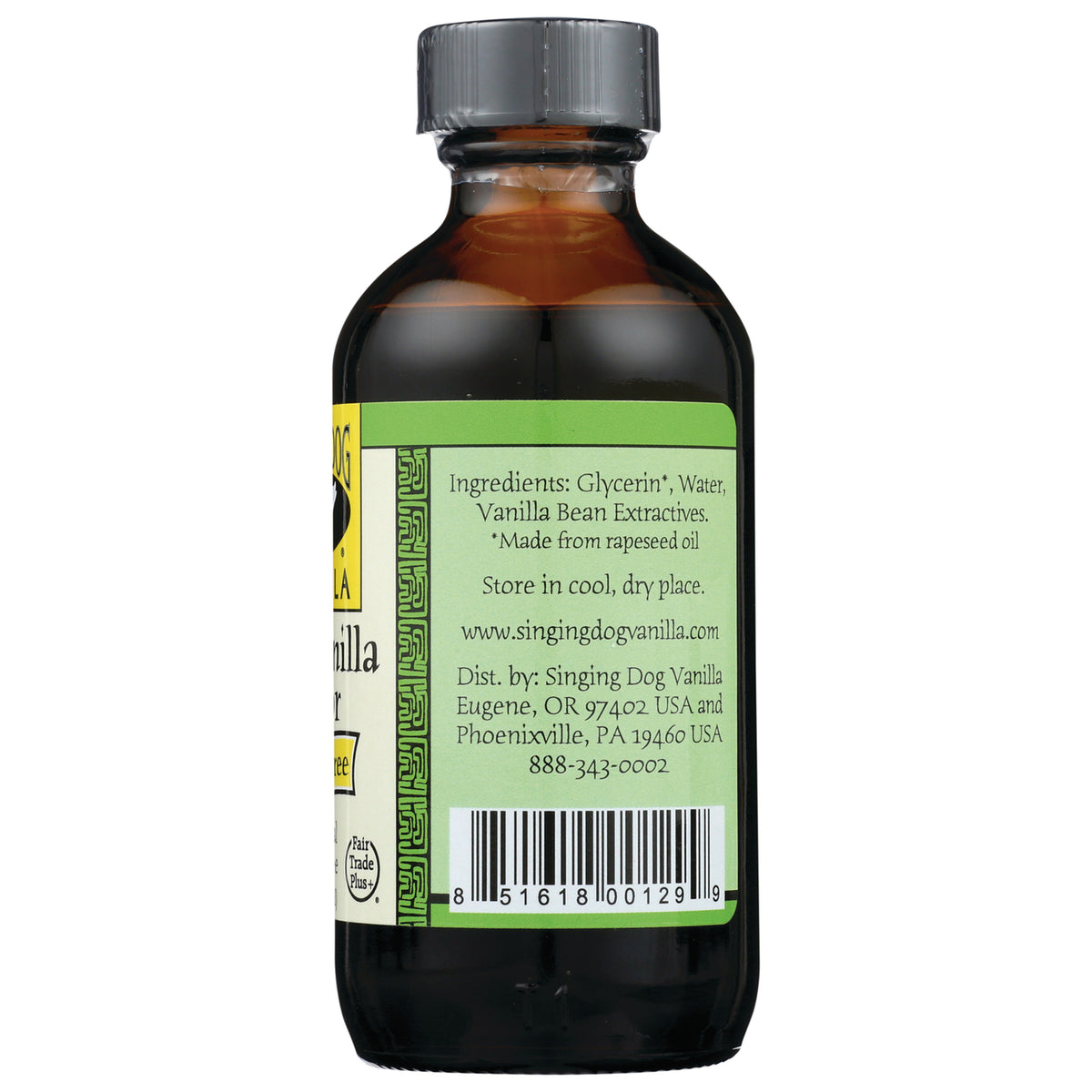 SDV005 | Back of amber glass bottle with green label showing ingredients, distributor details and barcode