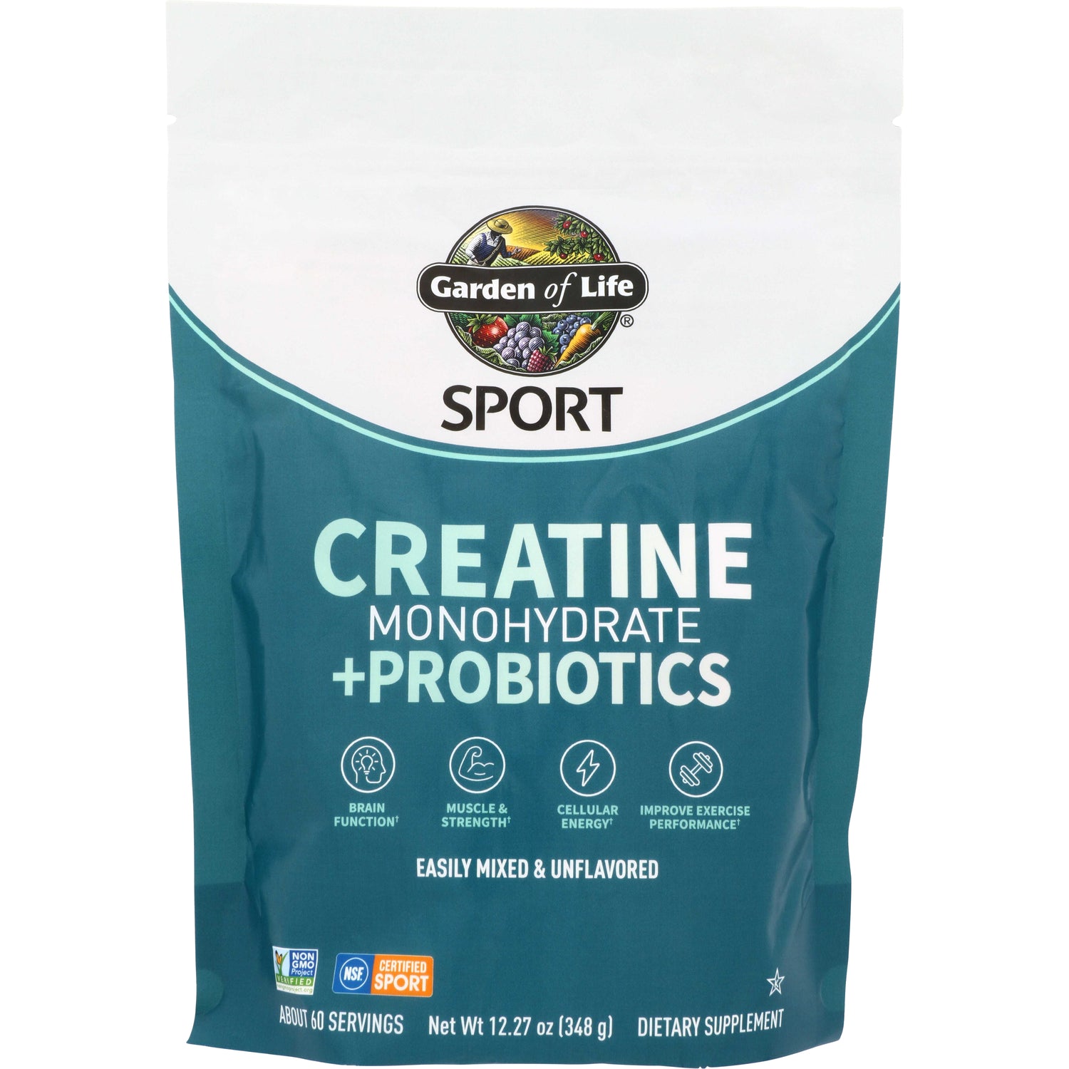 GLF390 | Garden of Life Sport Creatine Monohydrate + Probiotics, easily mixed & unflavored, 60 servings