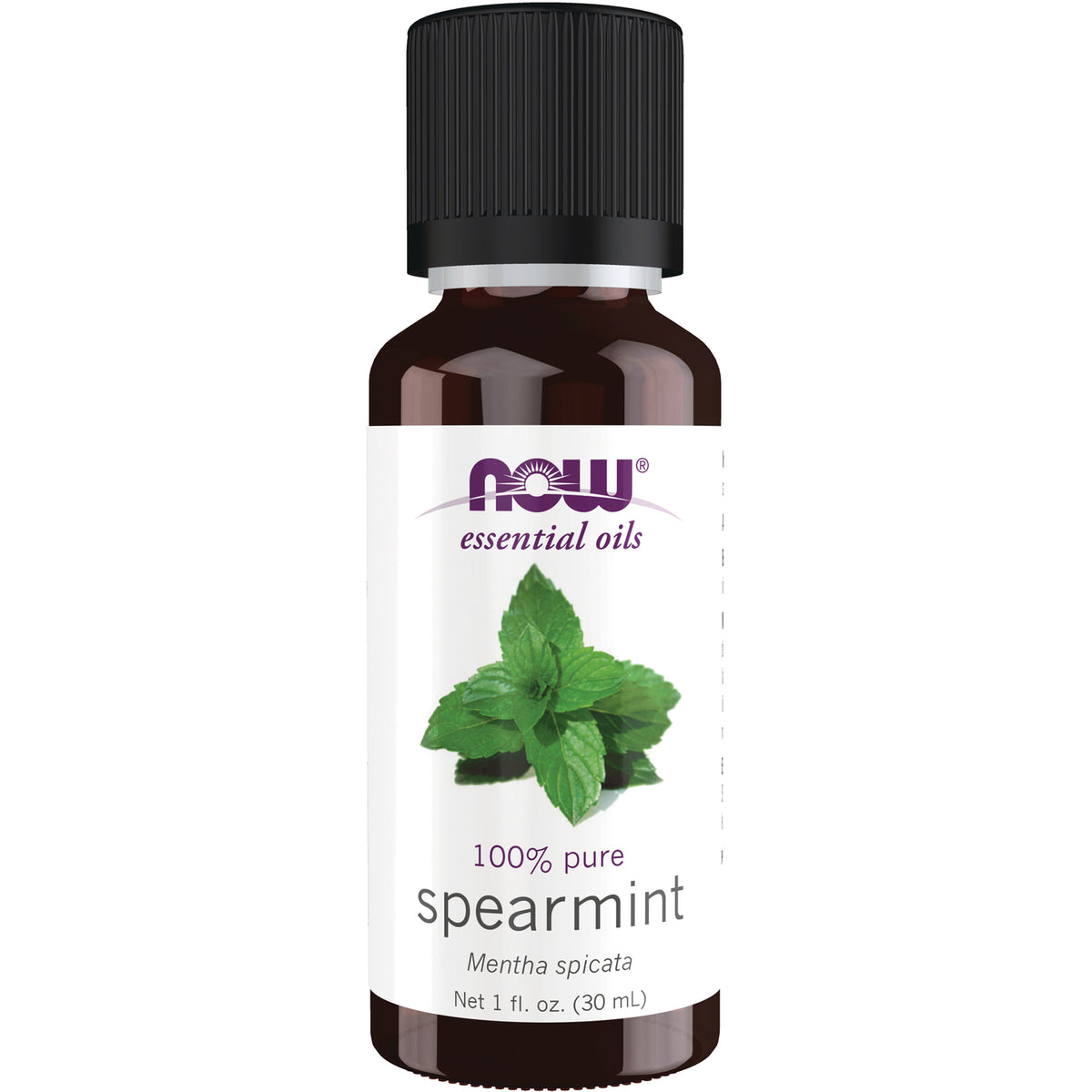 NWF636 | Brown glass bottle of NOW essential oils spearmint, 100% pure, 1 fl oz with mint leaves on label