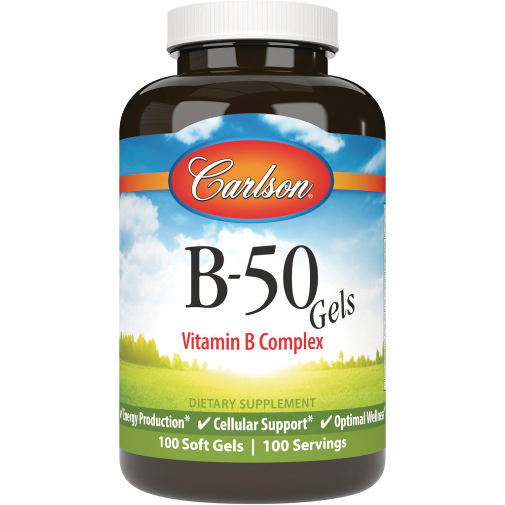 CSN075 | Carlson B-50 Gels Vitamin B Complex bottle showing front label, 100 soft gels - Thumbnail