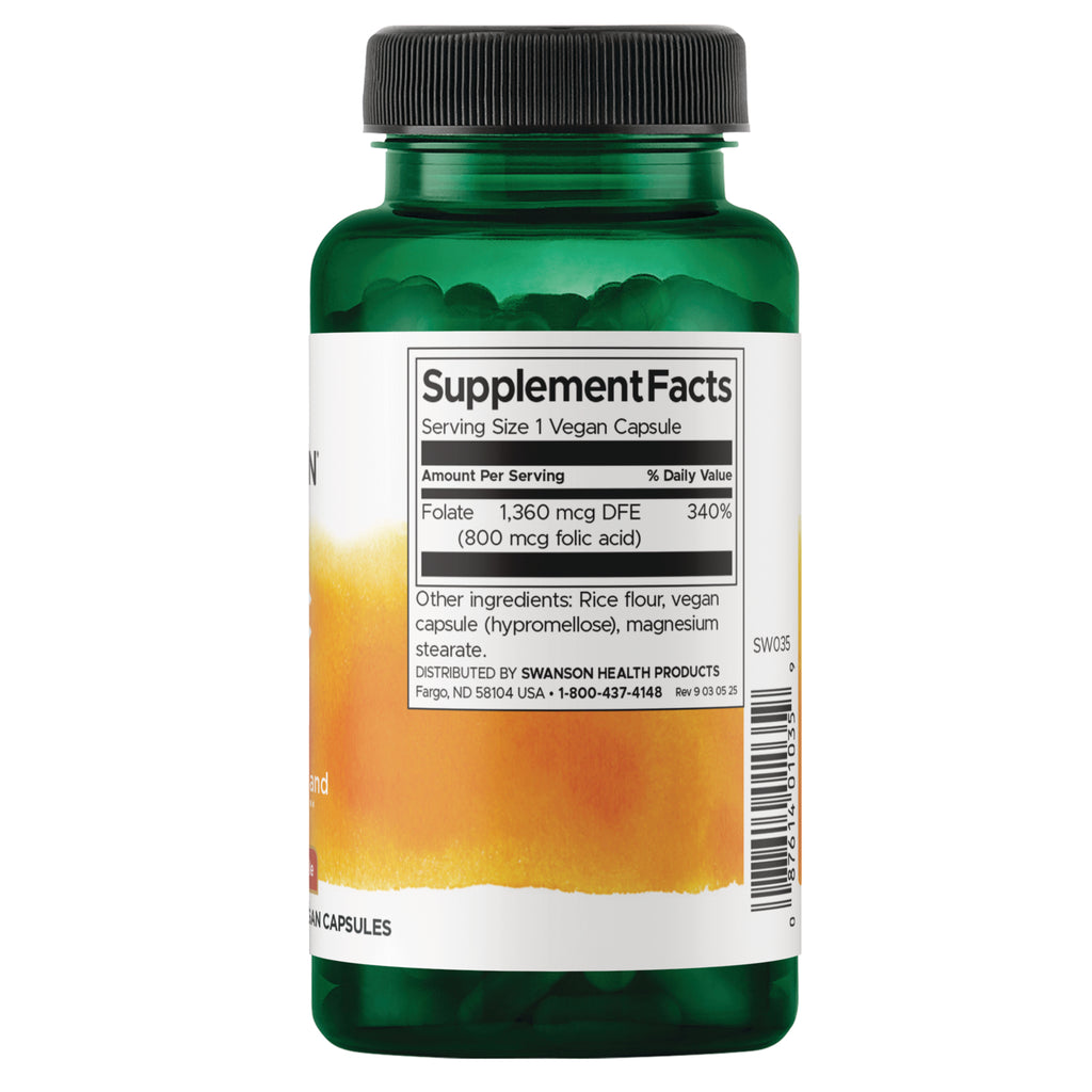 SW035 | Back label with Supplement Facts: Serving Size 1 vegan capsule; Folate 1,360 mcg DFE (800 mcg folic acid) - Thumbnail