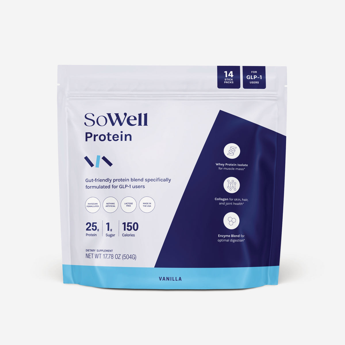 SOW002 | SoWell Protein Vanilla pouch, 14 stick packs, 25g protein, 1g sugar, 150 calories, for GLP-1 users