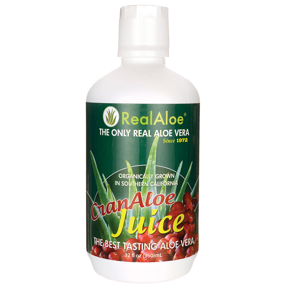 RA015 | RealAloe CranAloe Juice 32 fl oz bottle with green label showing aloe and cranberries
