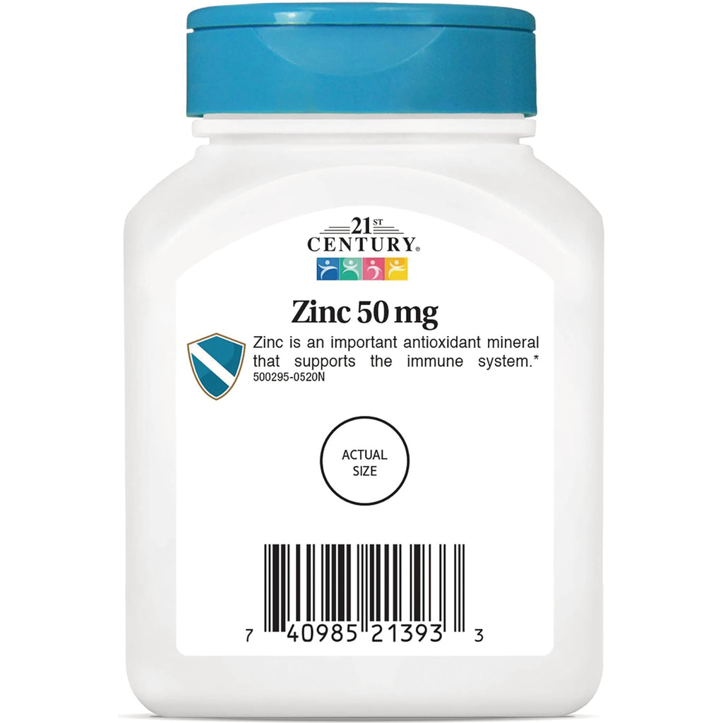 CNT194 | white supplement bottle labeled 21st Century Zinc 50 mg with shield icon, actual size circle and barcode - Thumbnail