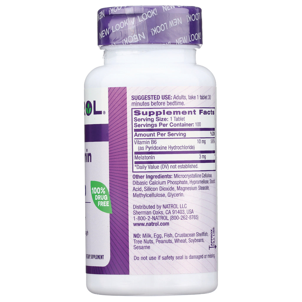 NA440 | back of white supplement bottle showing Supplement Facts panel listing Melatonin 3 mg, Vitamin B6 and other ingredients - Thumbnail