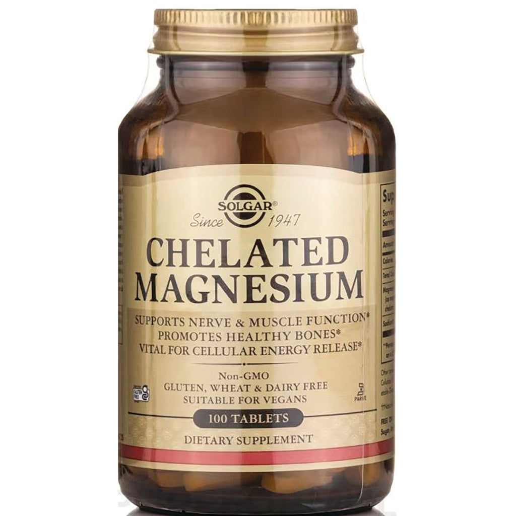 SLG358 | Solgar Chelated Magnesium dietary supplement bottle front label, 100 tablets - Thumbnail