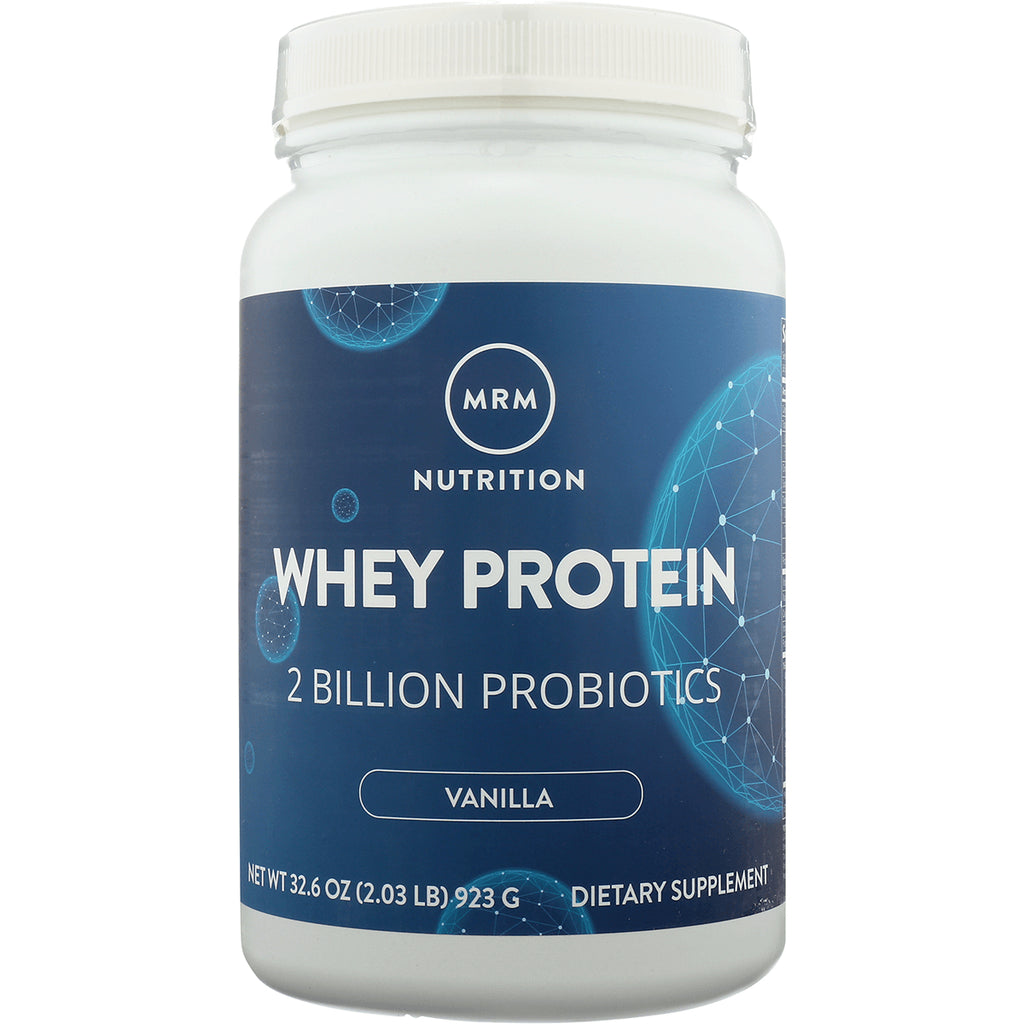 MRM004 | white tub of MRM Nutrition Whey Protein vanilla labeled 2 billion probiotics - Thumbnail