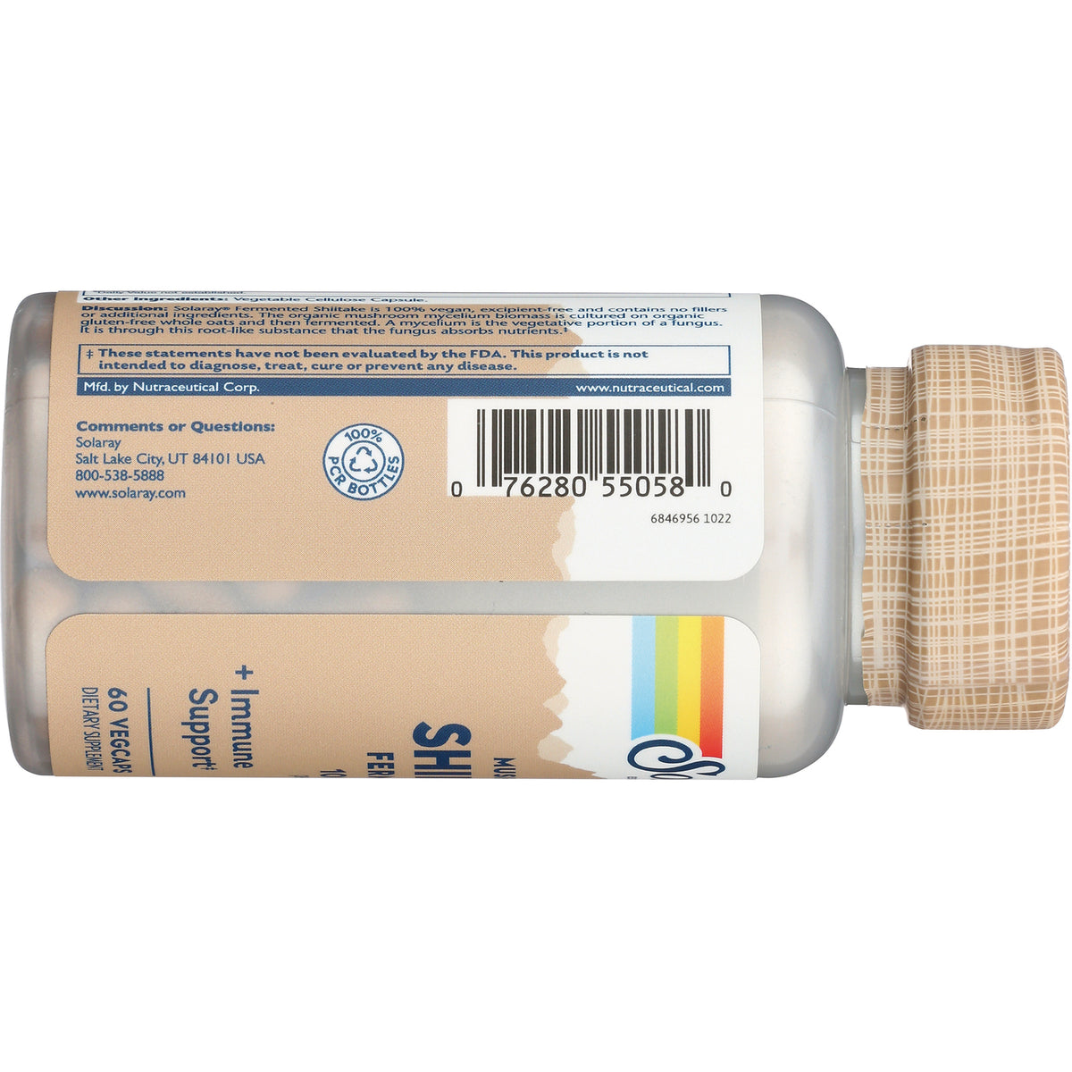 SLR466 | Solaray Fermented Shiitake supplement bottle back label with barcode and FDA disclaimer