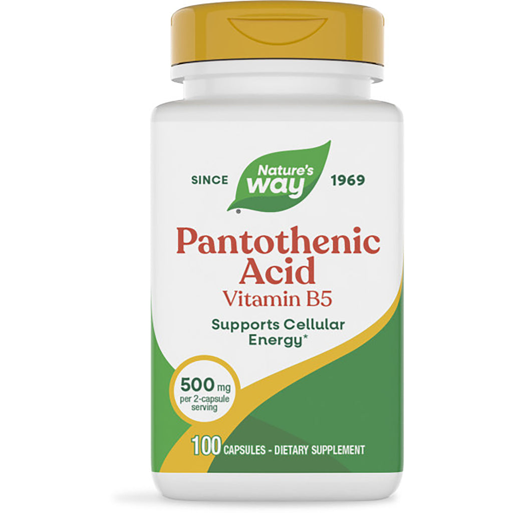 NW941 | Nature's Way Pantothenic Acid (Vitamin B5) white bottle with yellow cap, 100 capsules 500 mg dietary supplement - Thumbnail