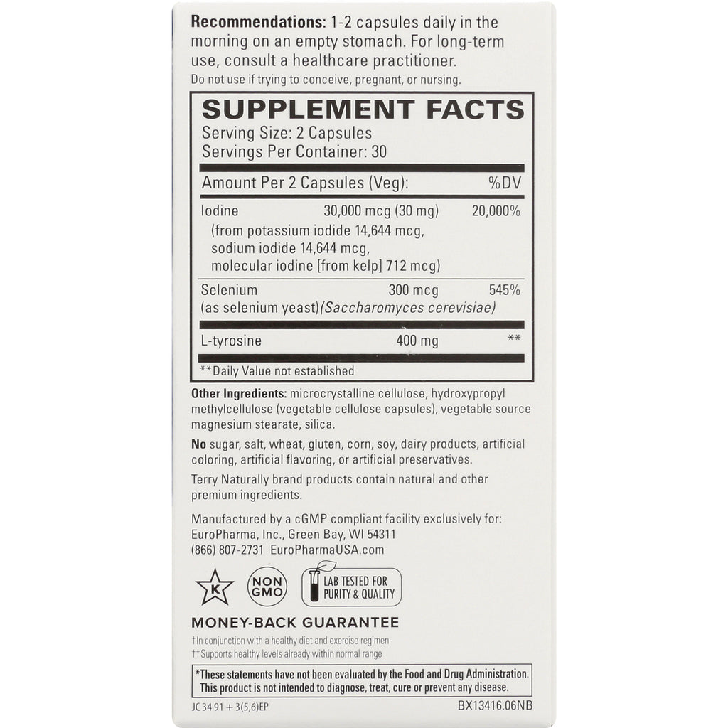 EUR059 | back of supplement box showing SUPPLEMENT FACTS label, serving size 2 capsules, ingredients and money-back guarantee - Thumbnail