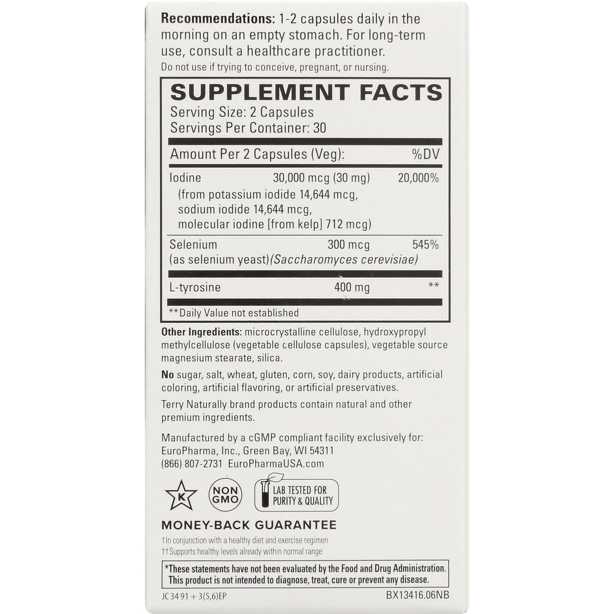 EUR059 | back of supplement box showing SUPPLEMENT FACTS label, serving size 2 capsules, ingredients and money-back guarantee