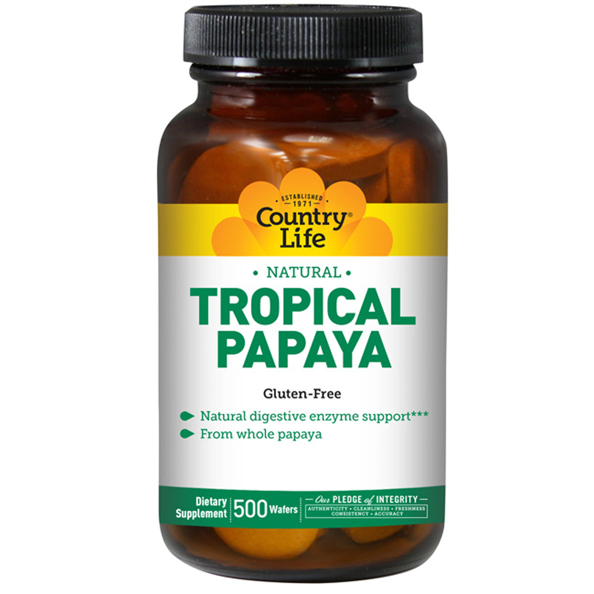 CRL118 | Country Life Tropical Papaya dietary supplement bottle front label reads TROPICAL PAPAYA, Gluten-Free, 500 Wafers