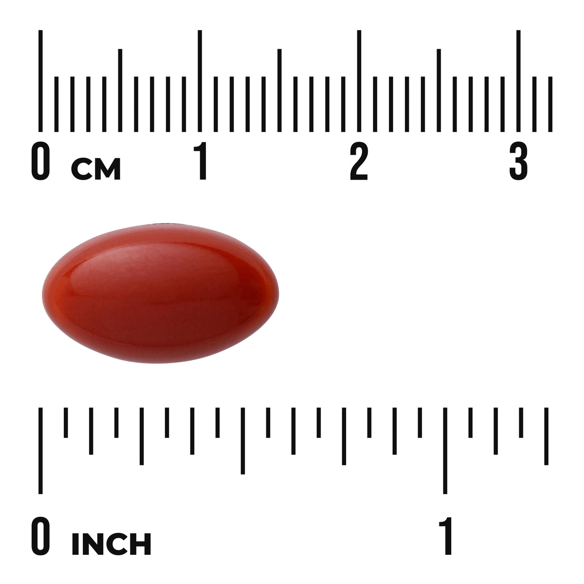 SWU1014 | Red oval softgel shown next to centimeter and inch rulers for size reference